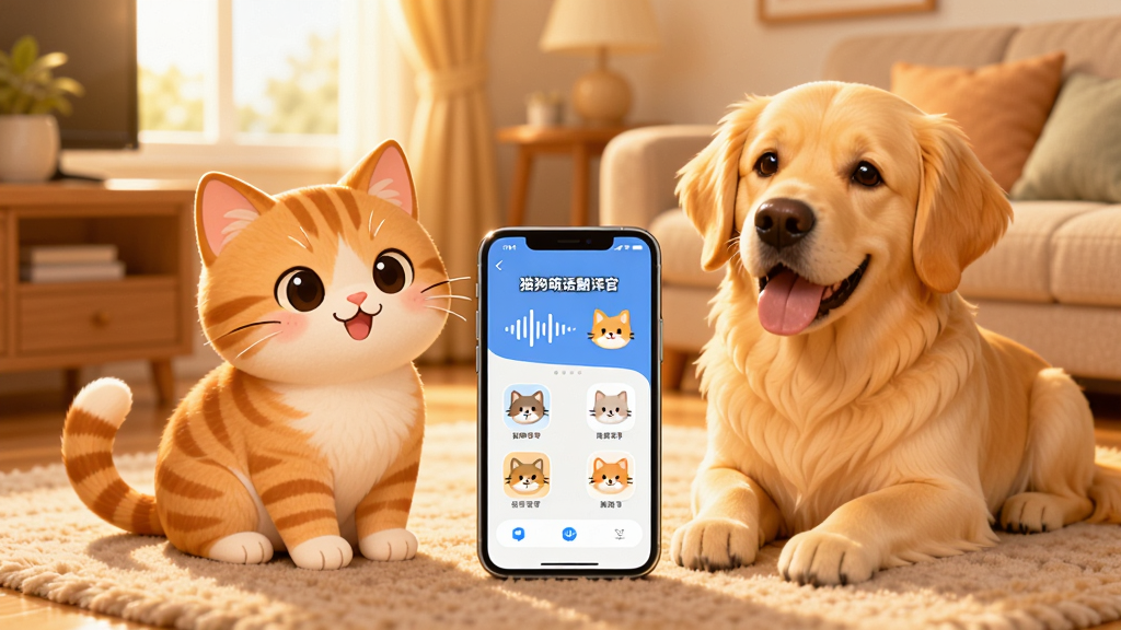 一只可爱的橘猫和一只金毛犬并排坐在温馨的客厅地毯上,中间放着一部智能手机,手机屏幕上显示着“猫狗萌语翻译官”的软件界面,界面中有声波图形和可爱的猫狗头像图标,背景是暖色调的家居环境,阳光从窗户洒入,整体风格温馨卡通,画质清晰干净,无多余元素
