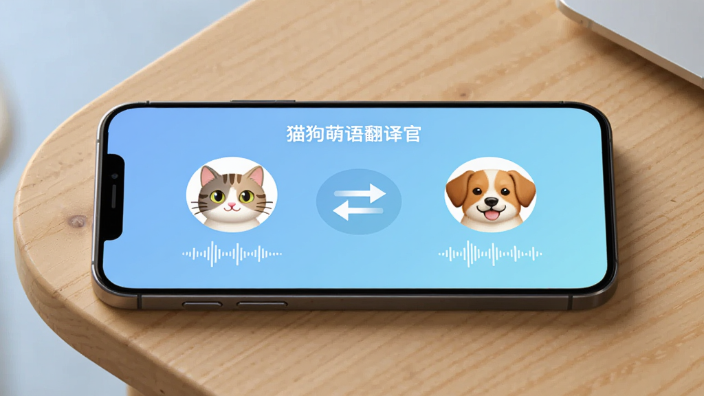 一部手机放置在木桌上,屏幕显示“猫狗萌语翻译官”的双向翻译界面,左侧是猫咪头像和声波输入,右侧是狗狗头像和声波输出,屏幕中间有双向箭头图标,背景是浅蓝色渐变,风格简洁科技感,画质清晰,干净无多余元素
