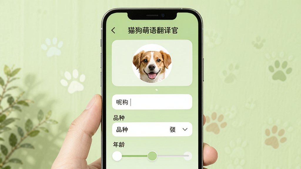 手机屏幕展示“猫狗萌语翻译官”的宠物档案编辑页面,页面上有宠物头像上传区域、昵称输入框、品种选择下拉菜单和年龄滑块,背景是浅绿色,风格温馨友好,画质清晰,布局合理,无多余元素