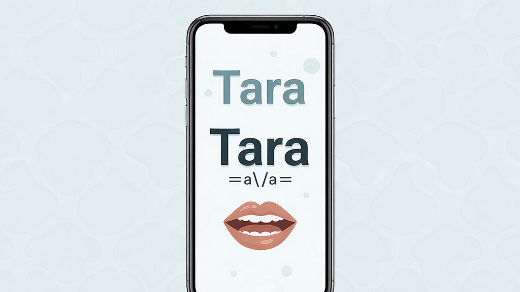 Tara应用名称发音示意展示图,主体为手机屏幕中显示Tara单词和音标标注,布局为中心突出,排版简洁,风格为教育科普风,细节包括音标符号、发音口型图标、简洁背景,画质高清,干净,无多余元素