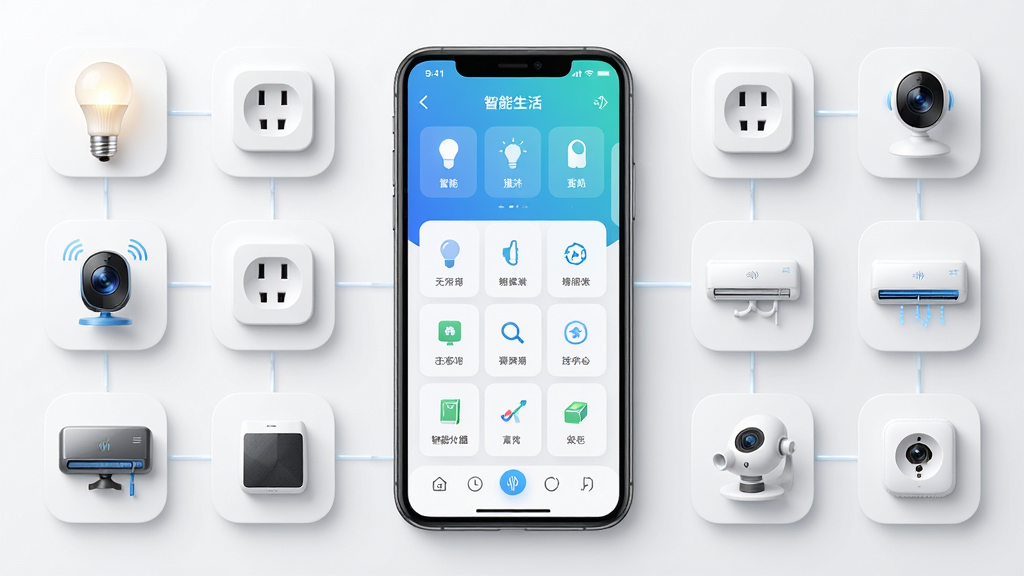 智能生活APP主界面全貌展示,画面中央放置一部智能手机,屏幕显示智能家居设备控制面板,周围环绕智能灯泡、智能插座、摄像头、空调等设备图标,布局居中对称,风格简洁现代科技感,细节清晰,画质高清,干净无多余元素