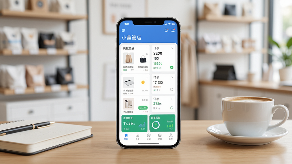 一张展示手机店铺管理应用界面的图片,画面中央是一部竖屏智能手机,屏幕上显示着小美管店的应用主界面,包含商品列表、订单卡片和数据概览模块。手机放置在木质桌面上,旁边有笔记本和一杯咖啡。背景是明亮的店铺环境,货架整齐。整体风格为写实产品展示风,细节清晰,光线柔和自然,画质高清,画面干净,无多余元素。