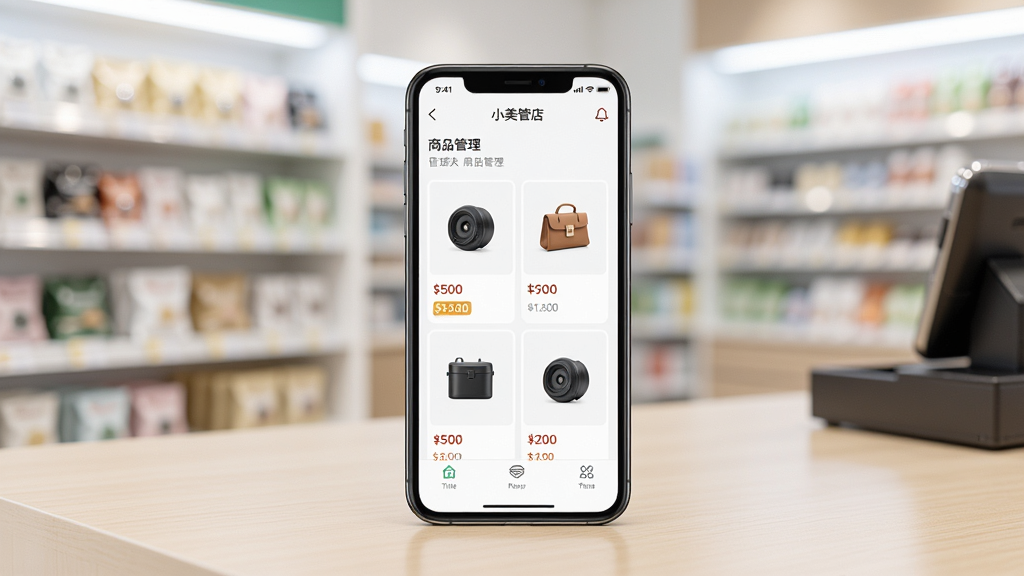 一部智能手机放在店铺柜台上,屏幕显示小美管店的商品管理页面,页面中有清晰的商品图片和价格标签。背景是模糊的店铺货架,光线明亮。画面风格为简洁产品摄影风,布局居中,细节清晰可见,画质干净,无多余装饰元素。