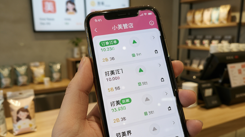 手机屏幕特写,显示小美管店的订单管理界面,界面上有多个订单卡片,标注着不同的状态标签。手机被手持拍摄,背景是模糊的店内环境。风格为真实使用场景拍摄,细节丰富,画质清晰,画面整洁,无杂乱元素。