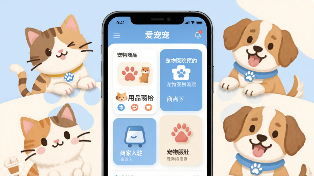 爱宠宠是一款宠物服务应用,画面中央展示一部智能手机,手机屏幕上显示爱宠宠APP的首页界面,界面中包含宠物用品商城、宠物医院预约、商家入驻等模块。手机周围环绕可爱的猫咪和狗狗卡通形象,背景为柔和的浅蓝色与米白色搭配。整体采用扁平化UI风格,细节丰富,画质清晰,干净无多余元素,适合软件下载站展示。