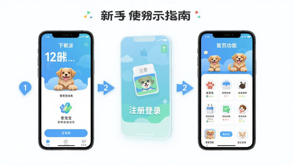 爱宠宠APP新手使用指南示意图,画面展示手机屏幕中爱宠宠APP的操作流程,从下载安装到注册登录再到首页功能展示,用箭头和步骤数字标注。风格简洁明快,配色清新,画质清晰,干净无多余元素,适合教程配图使用。