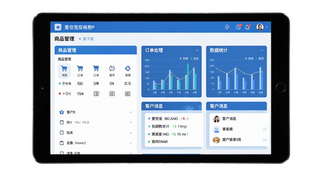 爱宠宠商家版APP后台管理界面,画面展示平板电脑或手机屏幕中的商家管理后台,包含商品管理、订单处理、数据统计图表、客户消息等模块。界面采用蓝色商务风格,布局规整,图标清晰,画质干净,无多余元素,适合软件下载站展示。