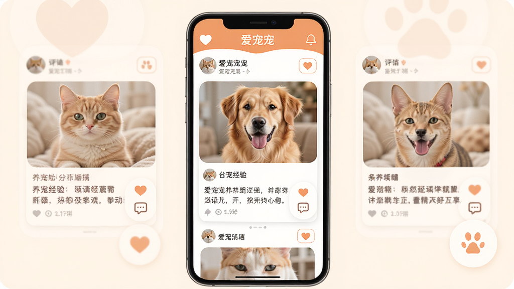 爱宠宠APP宠物社区界面,画面展示手机屏幕内社区信息流,包含用户发布的猫咪狗狗照片、养宠经验分享帖、问答互动等内容。界面采用卡片式布局,配色温暖,有爱心和评论图标,整体风格亲切友好,画质清晰,干净无多余元素。