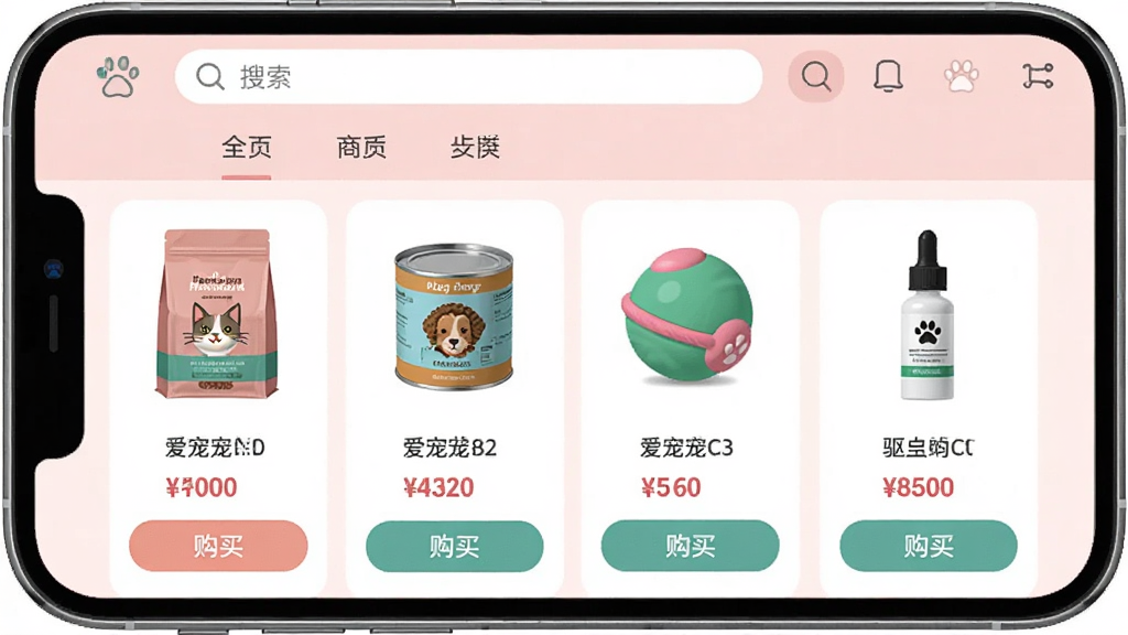爱宠宠APP宠物用品商城界面截图风格,画面展示手机屏幕内整齐排列的宠物商品,包括猫粮袋、狗粮罐、宠物玩具球、驱虫滴剂等,每件商品下方有价格标签和购买按钮。屏幕上方有搜索栏和分类导航,背景为淡粉色,整体布局清晰,扁平化设计,画质干净清晰,无多余元素。