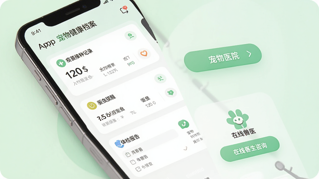 爱宠宠APP宠物健康管理界面,画面展示手机屏幕内宠物健康档案页面,包含疫苗接种记录、驱虫提醒、体检报告等卡片式信息。旁边有宠物医院预约按钮和在线兽医咨询入口。背景为浅绿色,风格清新柔和,界面简洁明了,画质清晰,干净无多余元素。