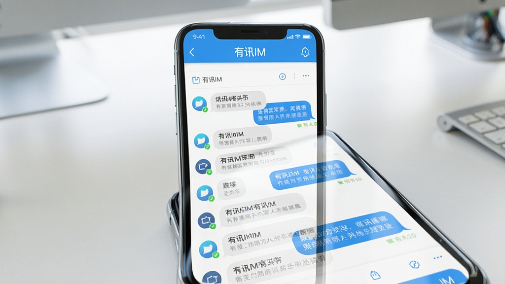 一张展示有讯IM软件主界面的图片,画面中央是手机屏幕,屏幕上显示有讯IM的聊天列表界面,顶部有“有讯IM”字样,界面采用清新的蓝白配色,聊天气泡清晰可见,背景是简洁的办公桌面,风格为写实产品展示图,细节包括手机边框反光、界面图标清晰,画质高清,干净,无多余元素