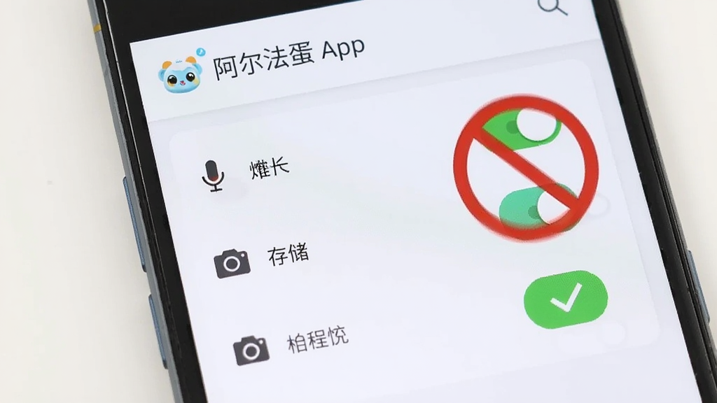 一部安卓手机屏幕显示“阿尔法蛋”App的权限设置页面,页面中麦克风、存储、相机等权限开关清晰可见,旁边有一个红色的禁止符号和绿色的对勾符号作对比,背景为简洁的白色,整体风格直观明了,布局清晰,画质干净