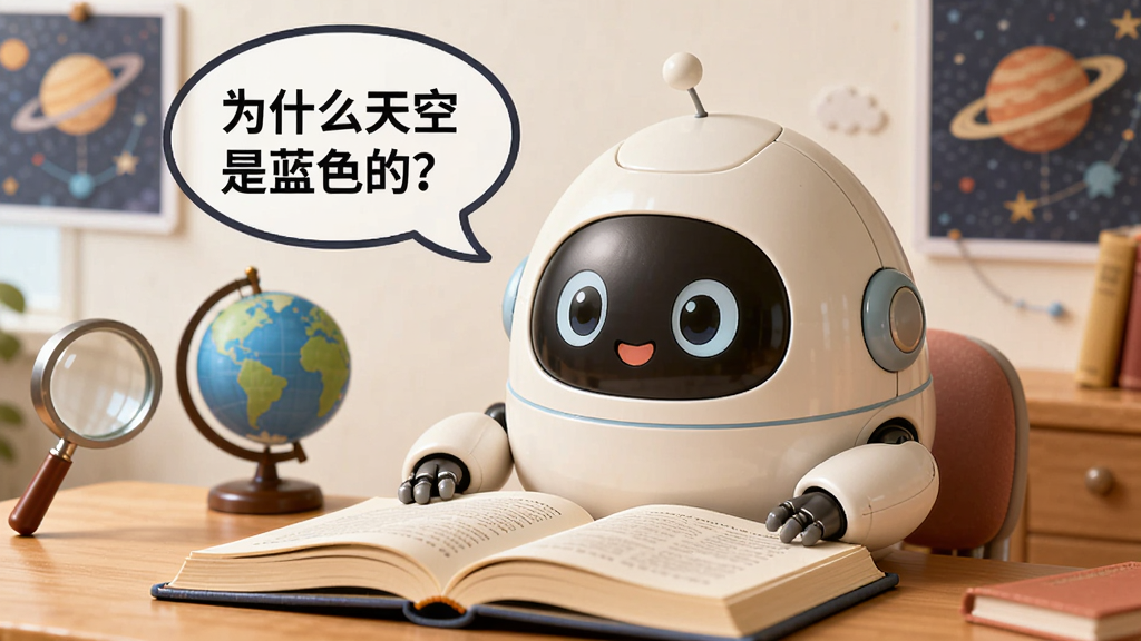 一个圆润可爱的蛋形机器人坐在书桌前,面前摊开一本打开的百科全书,机器人头顶有对话气泡,气泡中显示“为什么天空是蓝色的?”字样,旁边有放大镜、地球仪、星球的图案,整体画面温馨明亮,主体突出,布局简洁,风格卡通写实,画质细腻干净
