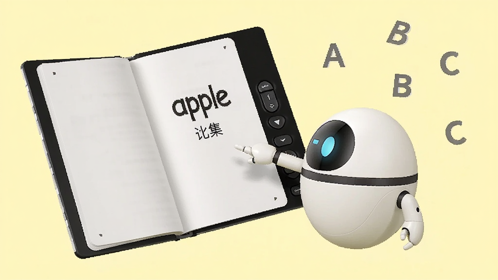 画面展示一本翻开的电子词典悬浮在空中,词典页面显示英文单词“apple”及其中文释义,旁边有一个蛋形机器人用手指着单词,另一侧有英文字母ABC散落分布,背景为淡黄色,整体排版清晰,风格简约现代,细节精致,画质明亮干净