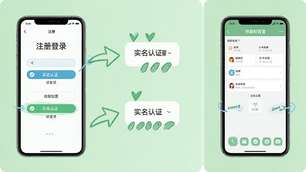 找个人接单端新手操作示意图,画面中一部手机展示注册登录和实名认证步骤,旁边有箭头引导,另一部手机展示技能标签设置页面,背景是浅绿色,风格清新,布局左右分栏,细节清晰,画质干净,无多余元素