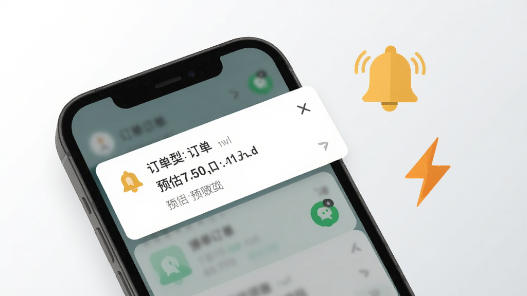 找个人接单端订单推送功能展示,画面中一部手机屏幕弹出新订单通知横幅,横幅上显示订单类型和预估收入,手机旁边有一个铃铛图标和闪电图标,背景是白色到浅灰色的渐变,风格扁平化,布局简洁,细节清晰,画质干净,无多余元素