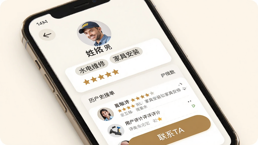 找个人接单端个人主页界面展示,手机屏幕显示一位师傅的个人资料页,包含头像、姓名、技能标签如水电维修和家具安装、服务评分星级、历史接单数量、用户评价列表,页面下方有联系TA的按钮,背景是柔和的米白色,风格温馨专业,布局清晰,细节丰富,画质干净,无多余元素