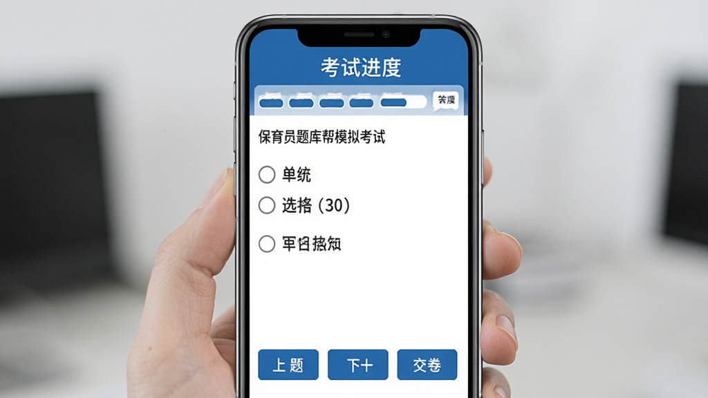 保育员题库帮模拟考试界面图,手机屏幕展示模拟考试页面,顶部显示考试倒计时和答题进度,中间是单选题题目与选项,底部有上一题、下一题和交卷按钮,界面风格严肃正式,配色以蓝色和白色为主,画质清晰,干净,无多余元素