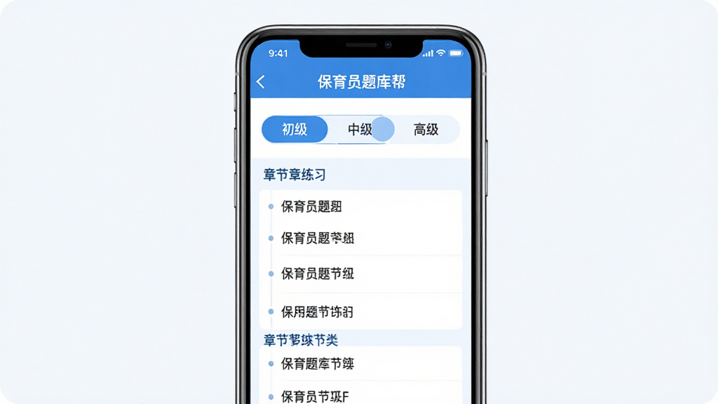 保育员题库帮全等级题库展示图,画面中央展示手机屏幕,屏幕内呈现保育员题库帮的题库分类页面,清晰可见初级、中级、高级三个等级的标签切换按钮,下方列出章节练习的详细目录,页面配色以蓝白为主,风格清新专业,画质清晰,干净,无多余元素