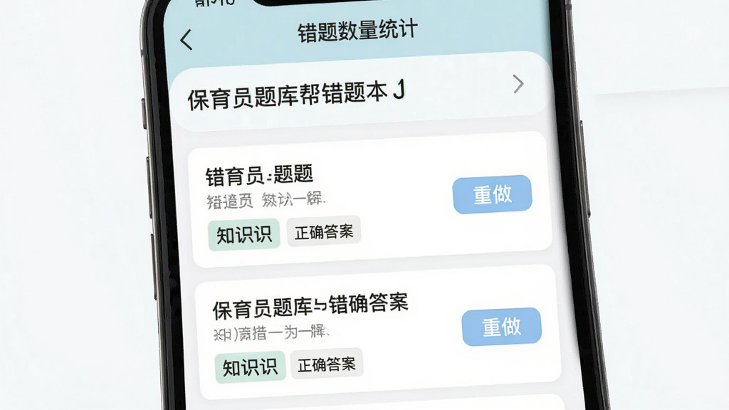 保育员题库帮错题本功能界面图,手机屏幕展示错题本页面,顶部显示错题数量统计,下方列表展示错题题目与正确答案,每条错题带有知识点标签和重做按钮,界面配色柔和,布局清晰,画质清晰,干净,无多余元素