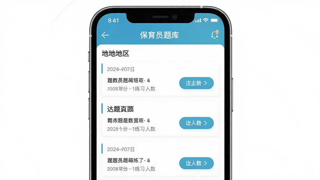 保育员题库帮历年真题页面图,手机屏幕展示真题列表界面,按年份和地区分类排列,每套真题显示题目数量与练习人数,点击后可进入答题页面,界面设计简洁大方,配色清爽,画质清晰,干净,无多余元素