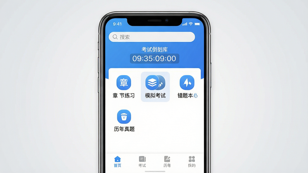 保育员题库帮软件主界面展示图,画面中央放置一部智能手机,手机屏幕显示蓝色主题的题库应用首页,顶部有搜索框和考试倒计时,中间排列章节练习、模拟考试、错题本、历年真题等功能入口图标,底部导航栏清晰可见,背景为浅灰色渐变,风格简洁清爽,细节丰富,画质清晰,干净,无多余元素