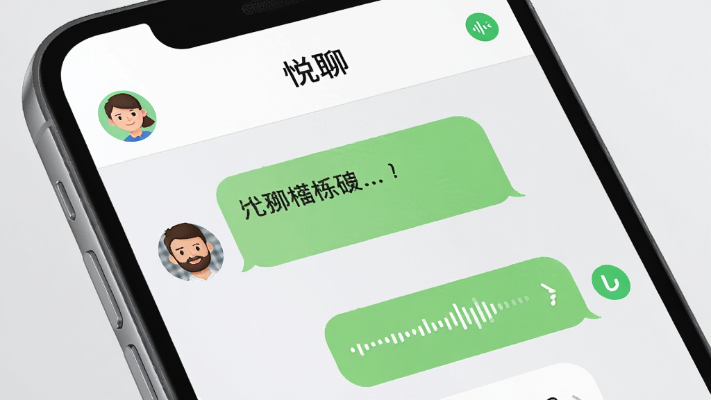 一部手机屏幕特写,屏幕中显示“悦聊”聊天对话框,气泡中有文字和语音条,顶部有联系人头像,右侧有消息已读小图标,背景干净浅灰,风格为写实UI界面展示,细节清晰,画质高清,无多余元素