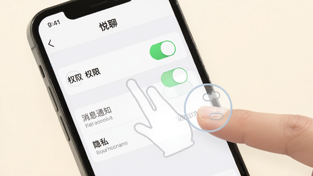 手机屏幕展示“悦聊”设置界面,包含权限开关、消息通知、隐私选项等列表,旁边有手指点击的示意,背景为浅色简约风格,细节清晰,画质干净,无多余元素