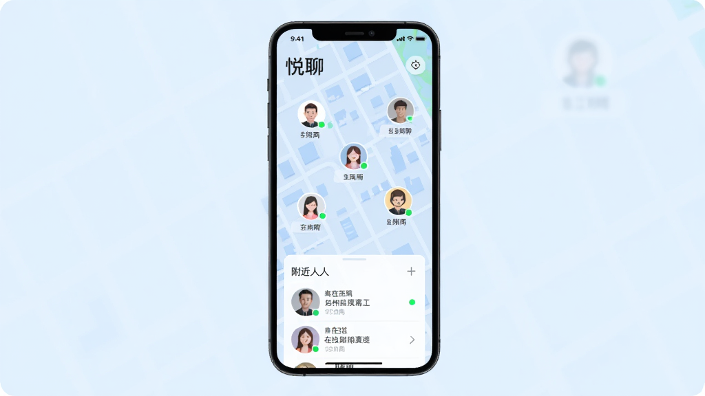 手机地图界面以“悦聊”为主题,地图上散布着多个用户头像标记,屏幕下方有附近的人列表卡片,背景为淡蓝色城市街区简图,风格为清新扁平化设计,细节包括距离标签和在线状态小绿点,画质清晰干净,无多余元素