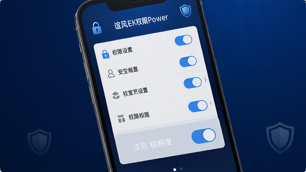 谊风EKPower权限管理界面展示,主体为手机屏幕特写,布局为屏幕居中显示权限设置列表和开关按钮,排版清晰,风格为安全科技风,细节上界面有锁形图标和盾牌元素点缀,背景为深蓝色渐变,画质高清,干净,无多余元素