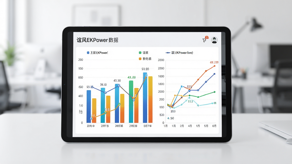 谊风EKPower数据看板界面展示在平板电脑屏幕上,主体为平板设备,布局为屏幕居中展示彩色柱状图和折线图,排版整洁,风格为现代数据可视化风格,细节上图表颜色鲜明、数据标签清晰,背景为浅色办公环境虚化,画质高清,干净,无多余元素