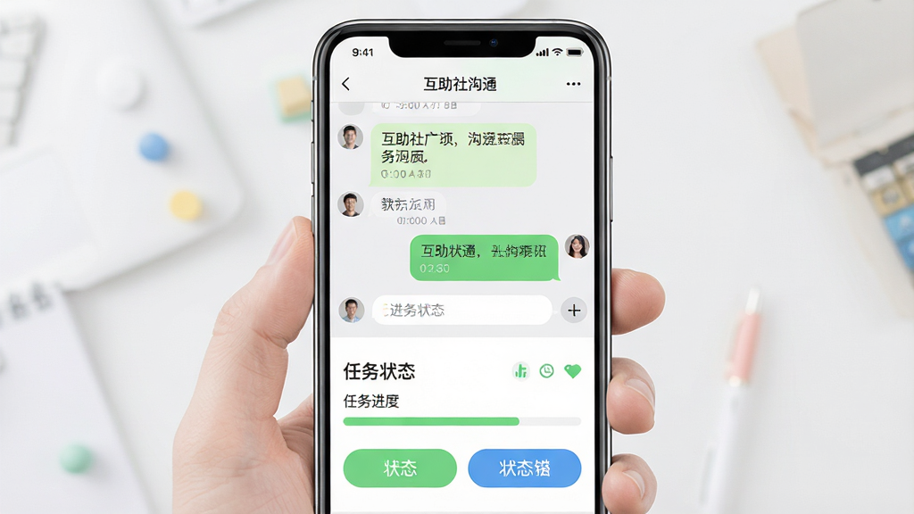 一张展示“互助社”消息沟通与任务进度界面的生图,主体为手机聊天窗口与任务状态标签,布局为上下分栏,上方为对话气泡,下方为进度条与状态按钮,风格为清爽移动端界面,细节包括文字气泡、时间显示与状态图标,画质高清,画面干净,无多余元素