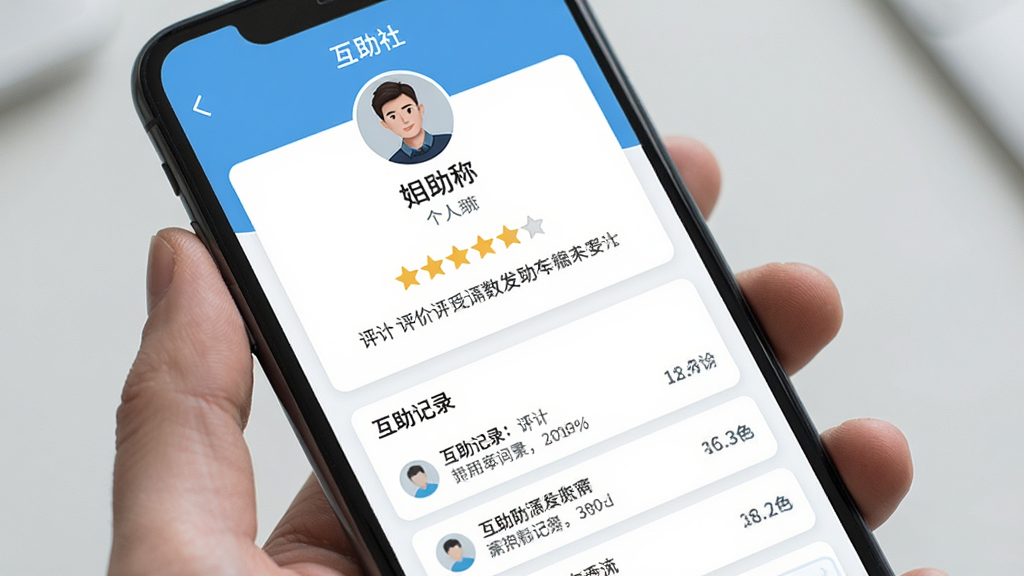 一张展示“互助社”个人主页与信用记录界面的生图,主体为手机屏幕中的个人资料卡片,布局为顶部头像与昵称、中部评价星级、底部互助记录列表,风格为简约卡片式设计,细节包括评分星星、文字评价与记录条目,画质清晰,画面干净,无多余元素