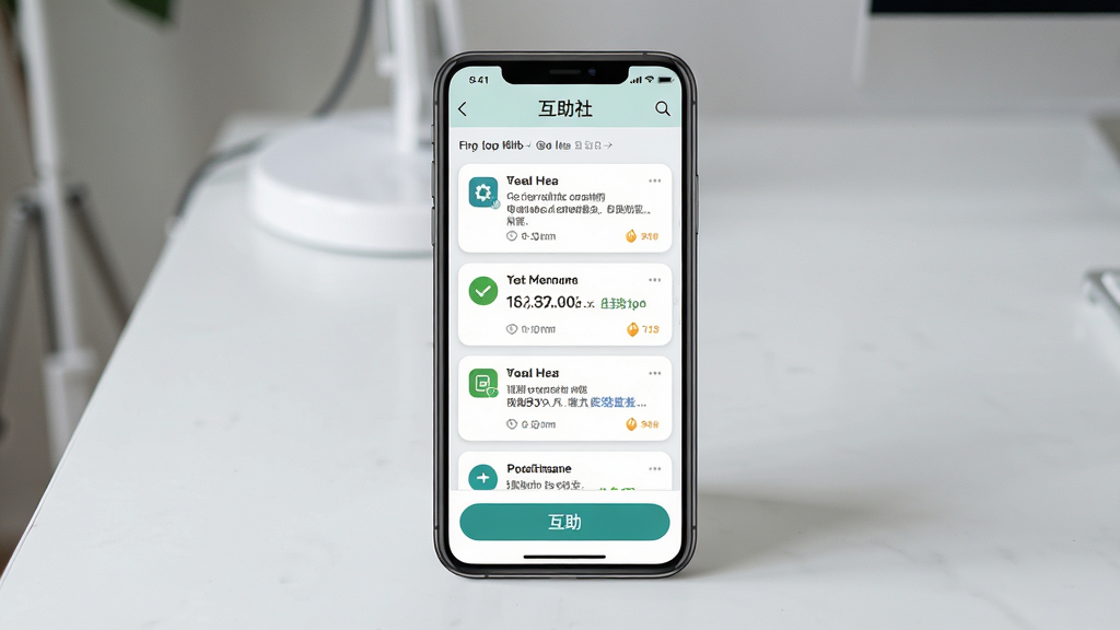 一张展示“互助社”手机应用主界面的预览图,主体为一部竖屏智能手机,屏幕中呈现互助社社区首页,包含求助帖子列表与互助按钮,布局为居中展示手机正面,背景为浅灰色简洁桌面,风格为写实应用截图风格,细节包括清晰的图标、文字与圆角卡片,画质高清,画面干净,无多余元素