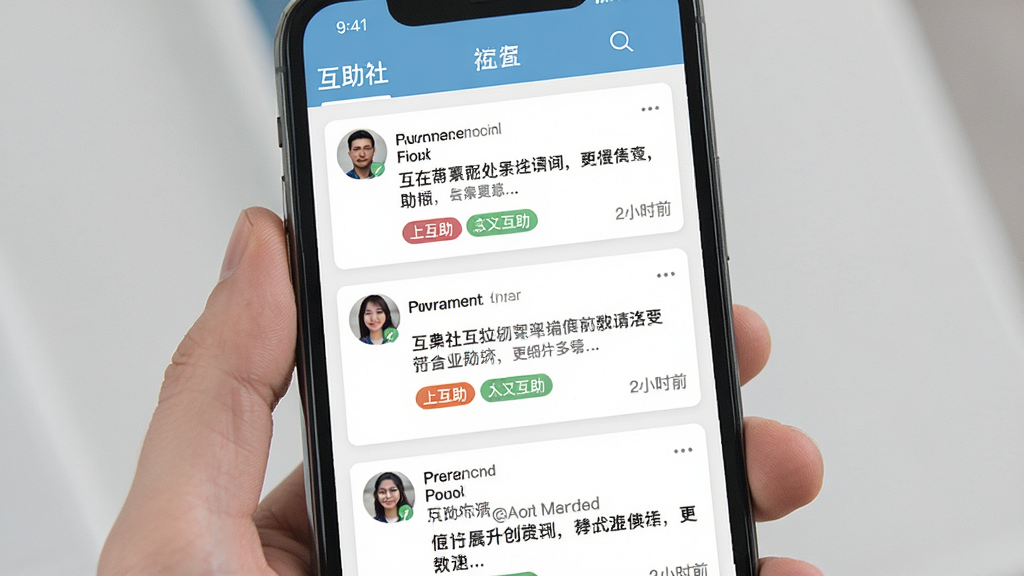 一张展示“互助社”社区信息流界面的生图,主体为手机屏幕中的互助帖子列表,布局为纵向滚动卡片式排列,排版整齐,风格为现代扁平化应用界面,细节包括头像、文字摘要、互助标签与时间戳,画质清晰,画面干净,无多余元素
