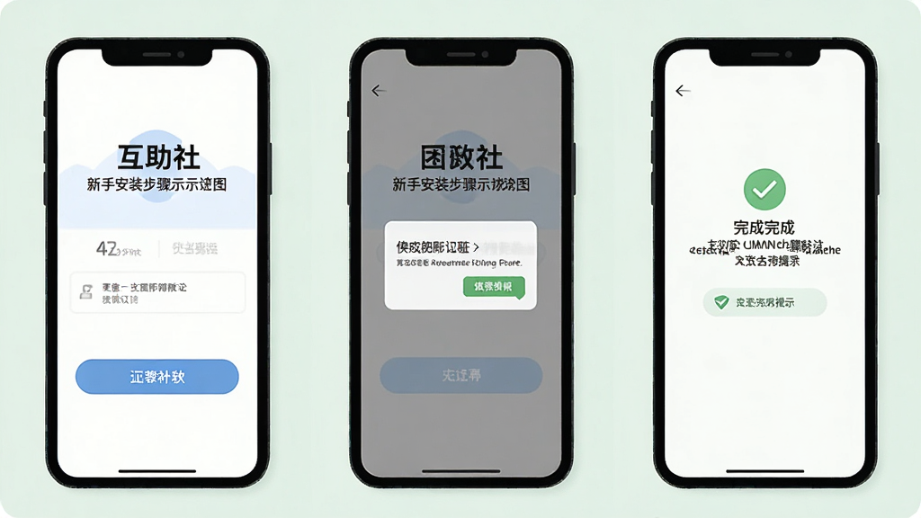 一张展示“互助社”新手安装步骤示意图的生图,主体为手机屏幕中依次排列的安装引导页面,布局为三到四个手机界面横向排列,排版清晰,风格为扁平化教程插图,细节包括安装按钮、权限弹窗与完成提示,画质干净,无多余元素