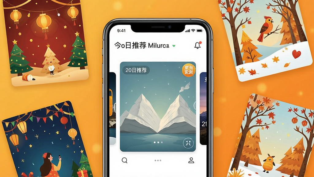 一张展示精美壁纸王每日更新功能的场景图,画面中央是一个手机屏幕,屏幕上显示着今日推荐壁纸轮播区域,配有日期标签和更新标识,屏幕周围散落着几张带有节日元素和季节特征的壁纸卡片,背景是温暖的橙黄色调,整体布局突出更新的时效感,风格活泼明快,细节上强调日期和推荐字样,画质高清,干净,无多余元素