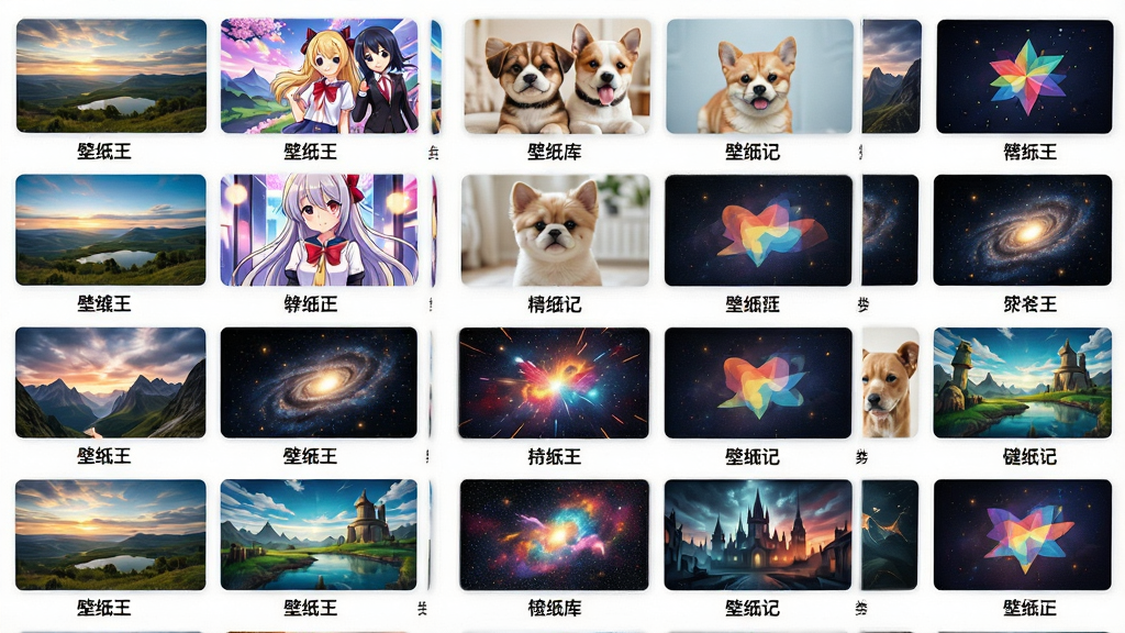 一张展示精美壁纸王海量壁纸库的示意图,画面以一面虚拟的图片墙为主体,墙上整齐排列着几十张不同风格的高清壁纸缩略图,包括风景、动漫、萌宠、抽象等类型,每张图片下方标注着分类标签,整体布局错落有致,风格明亮活泼,细节上体现壁纸的多样性和高清质感,画质清晰,干净,无多余元素