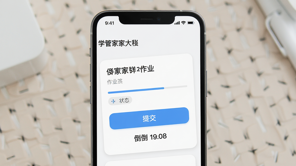 一张展示学管家作业提交页面的手机截图风格图片,画面中手机屏幕显示课程名称、作业标题、提交按钮和倒计时,背景为浅色,布局采用卡片式设计,风格清爽,细节包括进度条和状态标签,画质高清,干净,无多余元素