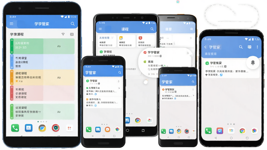 一幅AI生成图片,画面中展示学管家应用在多种安卓手机屏幕上运行的场景,包括大屏和小屏设备,屏幕内显示课程表和通知界面,整体布局为设备并排展示,风格科技感与简洁结合,细节包括手机边框和界面元素,画质清晰,干净,无多余元素,图片中打文字“学管家”