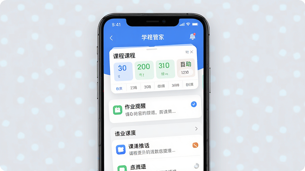 一张展示学管家手机应用主界面的场景图,画面中央是智能手机屏幕,屏幕内显示课程表卡片、作业提醒和通知列表,整体采用蓝白配色,布局清晰,风格简洁现代,细节包括圆角图标和浅灰色背景,画质高清,干净,无多余元素