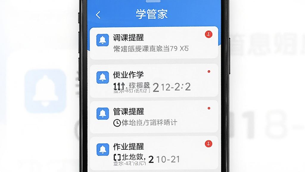 一幅AI生成图片,画面中展示学管家消息通知中心界面,手机屏幕内排列多条通知卡片,包括调课提醒和作业截止提醒,采用蓝白配色,布局纵向列表,风格简洁,细节包括铃铛图标和未读红点,画质清晰,干净,无多余元素,图片中打文字“学管家”