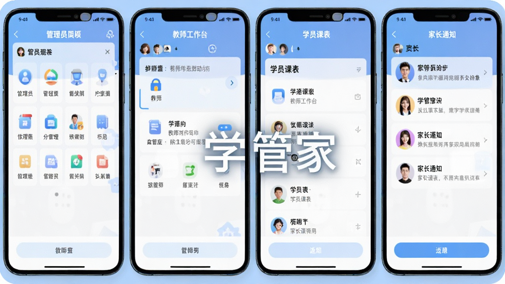 一幅AI生成图片,画面中展示学管家应用内四个不同角色界面并排排列,左侧为管理员面板,中间为教师工作台,右侧为学员课表和家长通知页,整体布局对称,风格统一为浅蓝色调,细节包括图标、按钮和文字卡片,画质清晰,干净,无多余元素,图片中打文字“学管家”