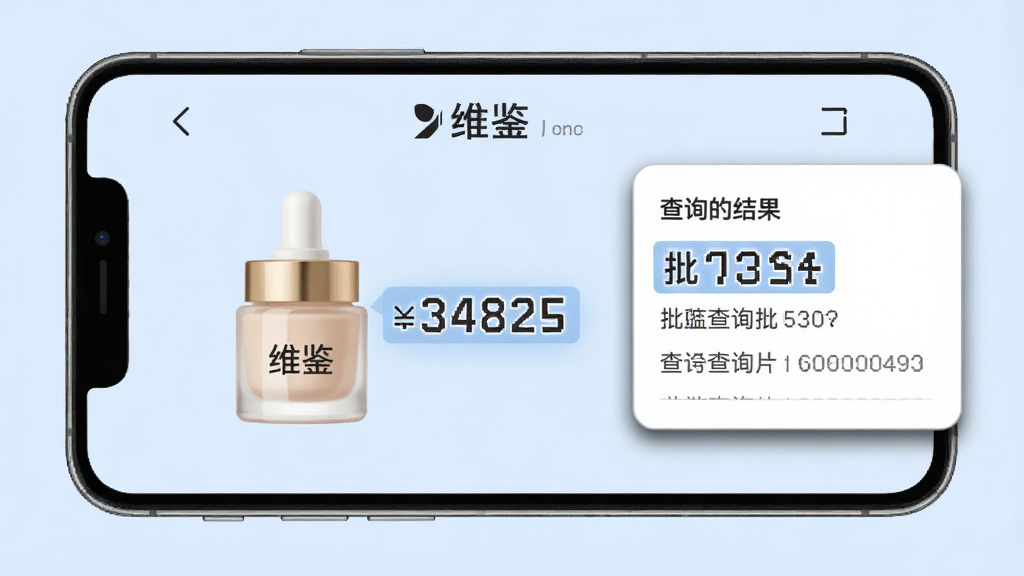 手机界面中央显示“维鉴”批号查询页面,一个化妆品瓶身旁边漂浮着数字批号,右侧弹出查询结果卡片,背景为淡蓝色,扁平化风格,细节包含数字高亮与卡片阴影,画质高清,干净,无多余元素