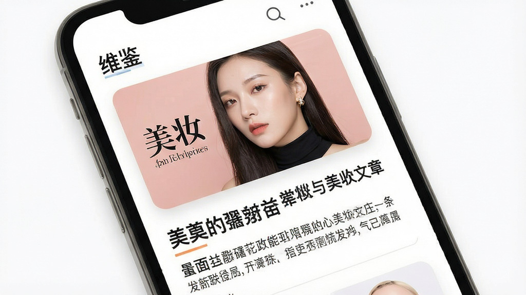 手机界面显示“维鉴”资讯列表,上方为美妆文章封面图,下方为标题与摘要,背景为白色,扁平化设计,细节包含图片圆角与文字层级,画质高清,干净,无多余元素