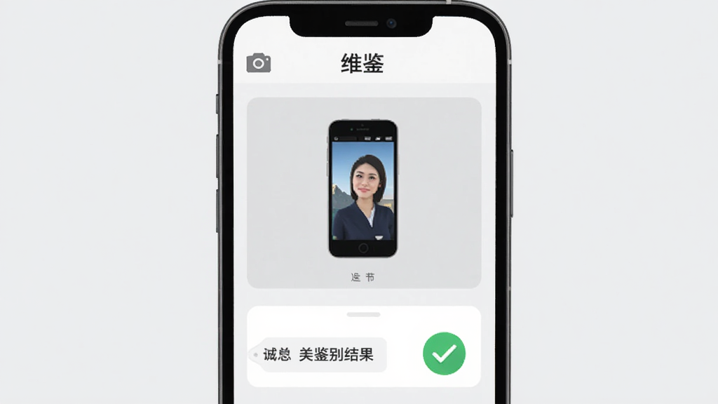 手机屏幕展示“维鉴”鉴别页面,上方为产品照片上传区域,下方为鉴别结果标签,背景为浅灰色,扁平化UI风格,细节包含相机图标与对勾标记,画质高清,干净,无多余元素