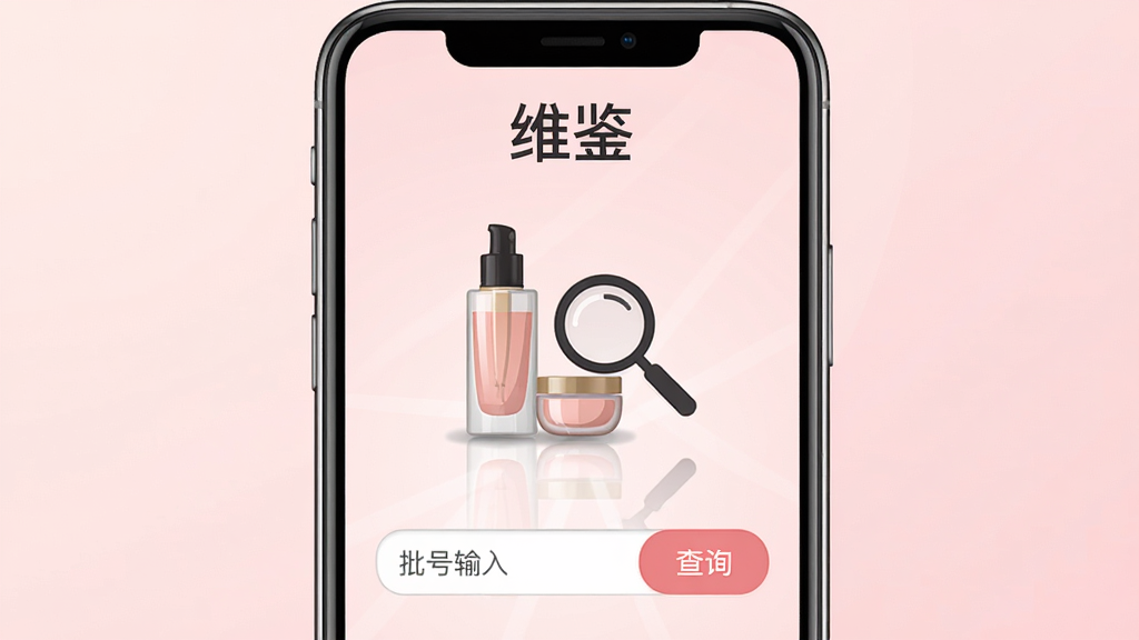 手机屏幕居中展示维鉴应用界面,上方标题文字“维鉴”,中间为化妆品瓶身与放大镜图标组合,下方为批号输入框与查询按钮,背景为浅粉色渐变,整体布局简洁清晰,风格为扁平化UI设计,细节包含瓶身反光与图标阴影,画质高清,干净,无多余元素