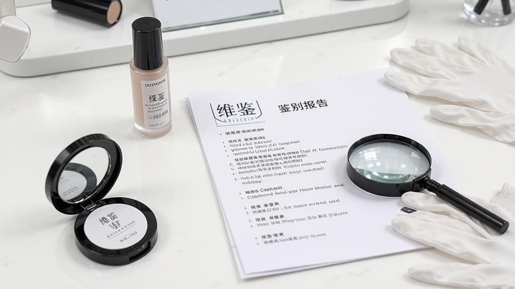 桌面场景中摆放着化妆品与“维鉴”鉴别报告,旁边有放大镜和手套,背景为白色工作台,风格写实简洁,细节包含报告上的文字与瓶身标签,画质高清,干净,无多余元素
