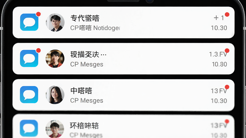 CP嗒啧消息通知界面,手机屏幕显示通知列表,包含消息图标、头像和简短文字,布局纵向排列,排版整齐,风格为现代简约,细节包含红点提醒、时间戳,画质高清,干净,无多余元素