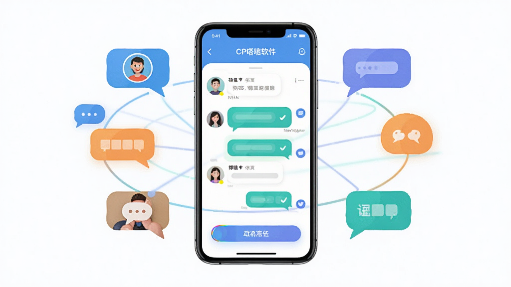 整体展现CP嗒啧软件界面,画面中央放置手机屏幕,屏幕上显示社交聊天与互动功能模块,周围环绕彩色气泡与连接线条象征用户互动,布局居中对称,排版简洁清晰,风格为扁平化科技感,细节包含头像、消息图标、动态按钮,画质高清,干净,无多余元素